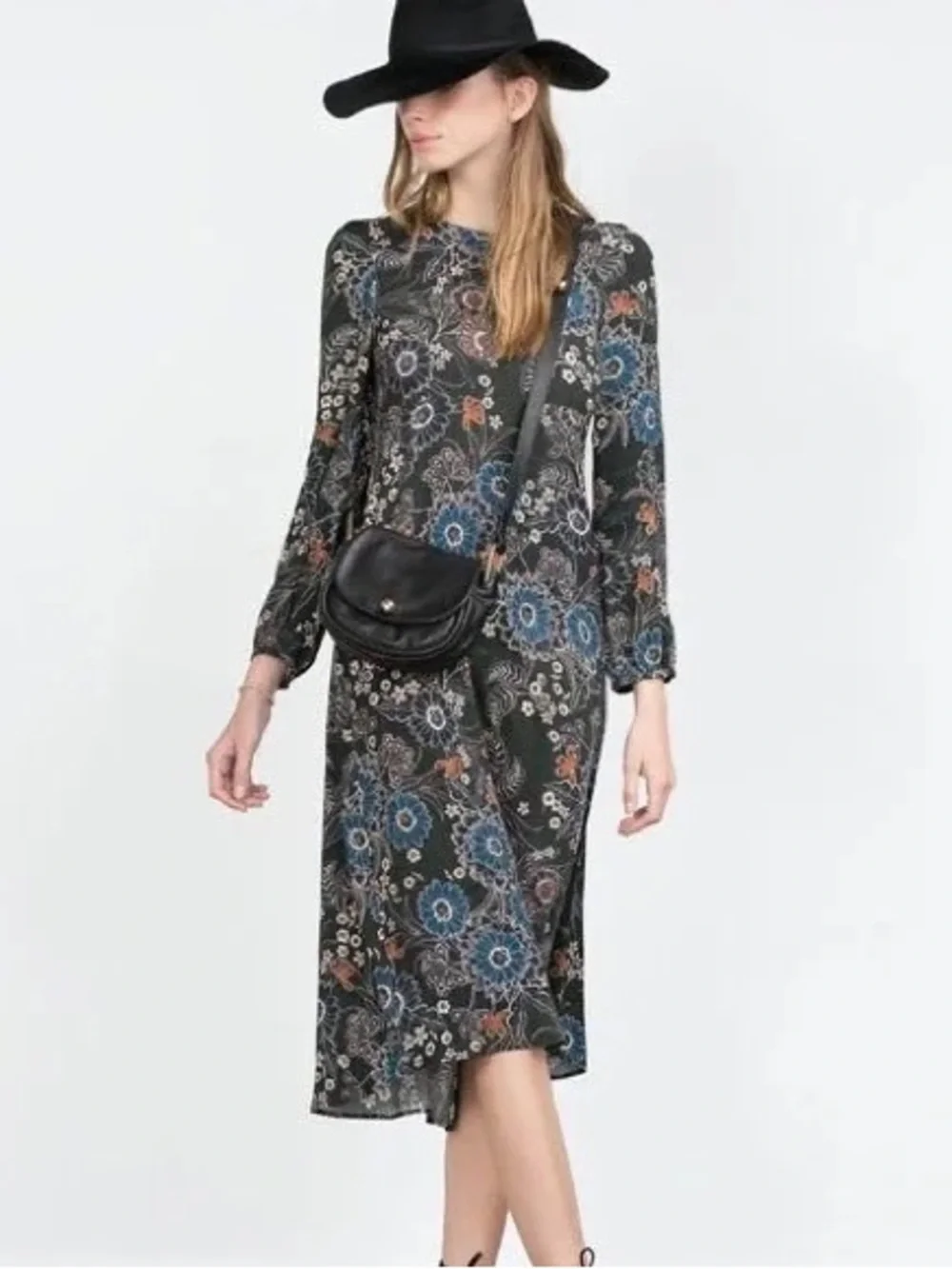 Zara Dark Green Floral Long-Sleeve Midi Dress with Blue and Rust Accents - Picture 2 of 7
